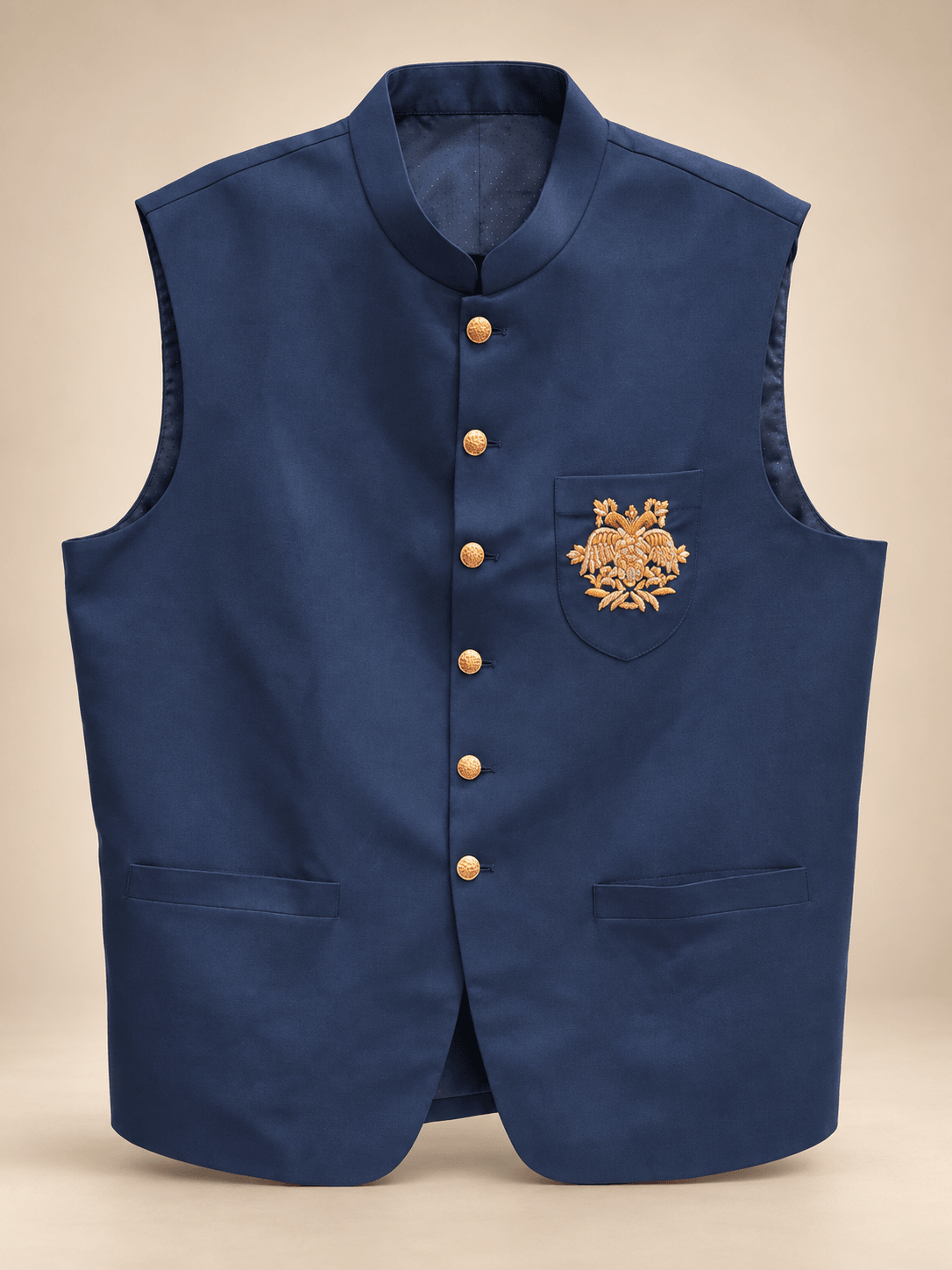 Navy Crest-Pocket Waistcoat