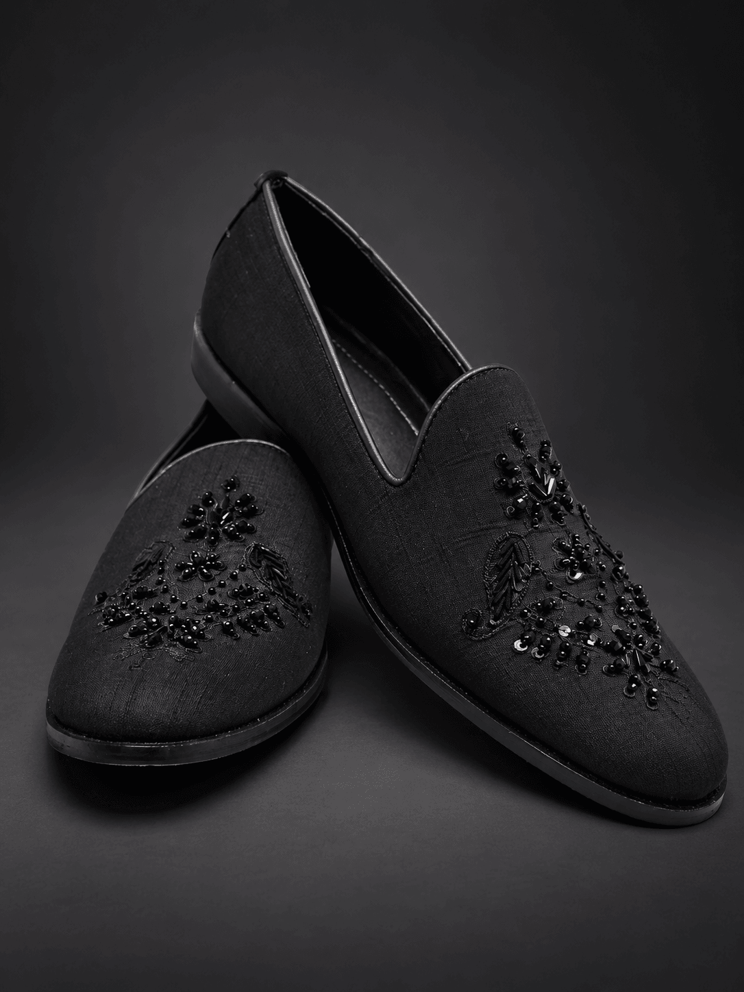 Black Raw-Silk Beaded Loafers
